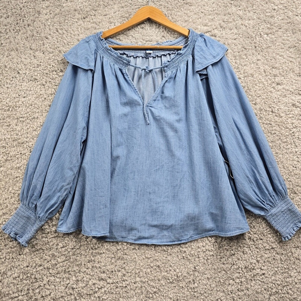 Old Navy Womens Blue Denim Peasant Blouse Long Sleeve Size 2X Boho Casual‎